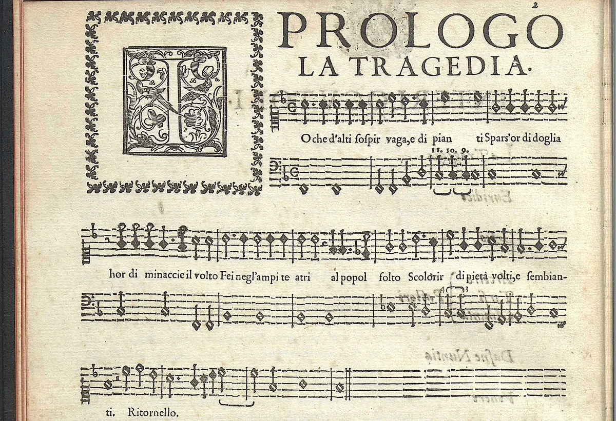 A page of an early printed opera score headed Prologo, La Tragedia, with decorated initial and staves of music