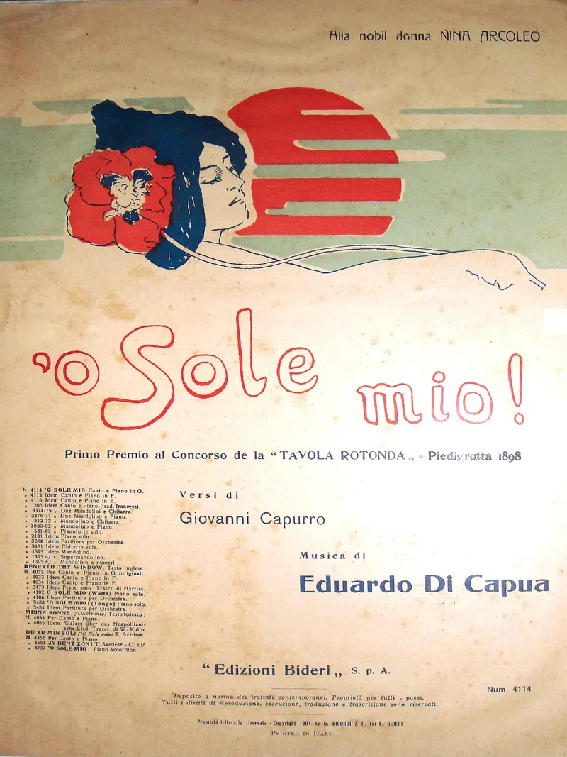The colourful cover of the first edition of the sheet music for ’O sole mio, with a woman’s face against a red sun