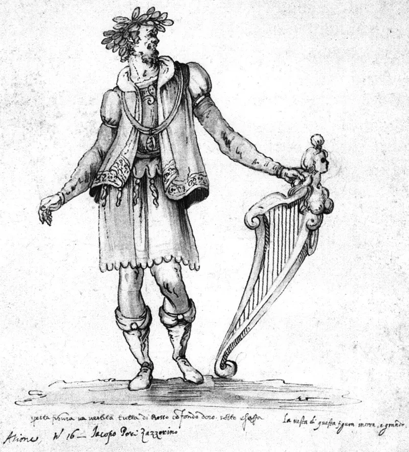 A pen drawing of a costumed figure holding a harp, a costume design for a Florentine court entertainment
